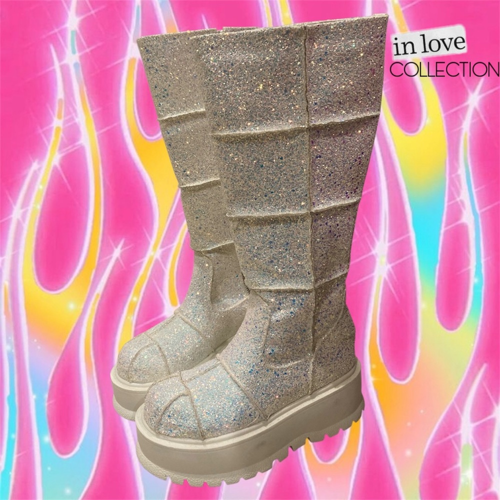 Demonia Slacker-230 Rave Styled White Holographic Platform Boots
